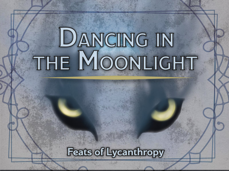 "Dancing in the Moonlight: Feats of Lycanthropy" a set of glowing golden wolf's eyes with smoke rising from the shadow around the irises, se against a background of texture and a faint full moon