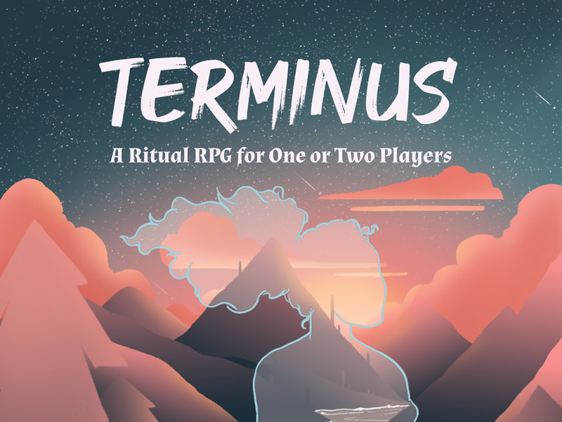 "Terminus: A ritual RPG for One or Two Players" a geometric and gradient shaded image of mountains and pine trees at sunset, in front a ghostly see through figure with floating hair looks to their left
