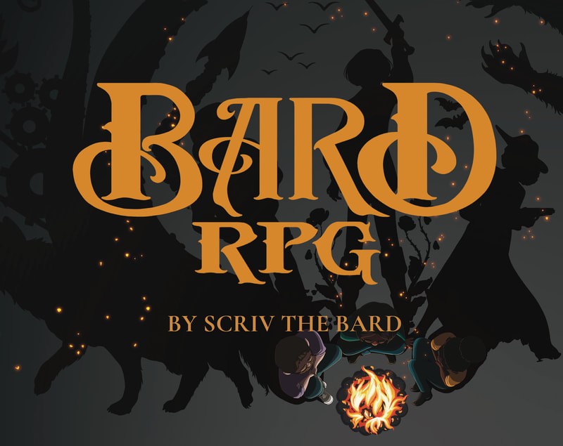 "Bard RPG: by Scriv the Bard" behind this golden text as seen from directly above are three figures sitting around a campfire, we can see their shadows stretched out behind them from the firelight. The shadows take on the form of a gunslinger, a sword fighter, an astronaut, as well as a rocket, a tentacle, gears, and a wolf. 